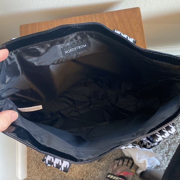 Nordstrom Black Shiny Plastic Tote Bag w/ Houndstooth Handles, 10-14”x5”x10” - Picture 7 of 13